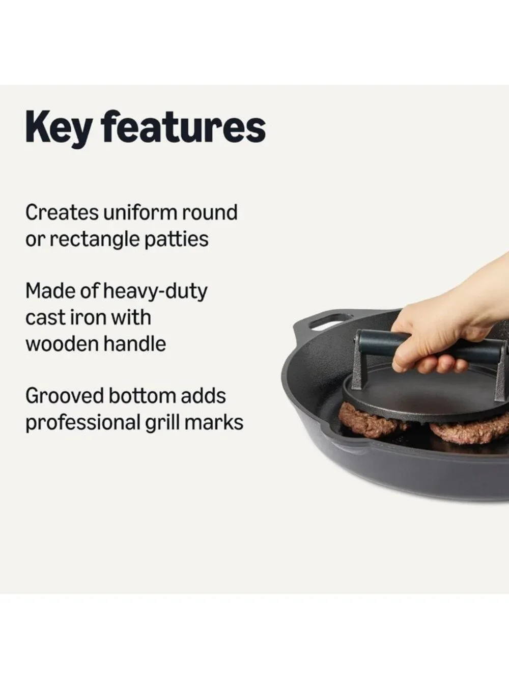 Cast Iron Burger Press Set - Grooved Grill Marks, Wooden Handle, 2 Sizes